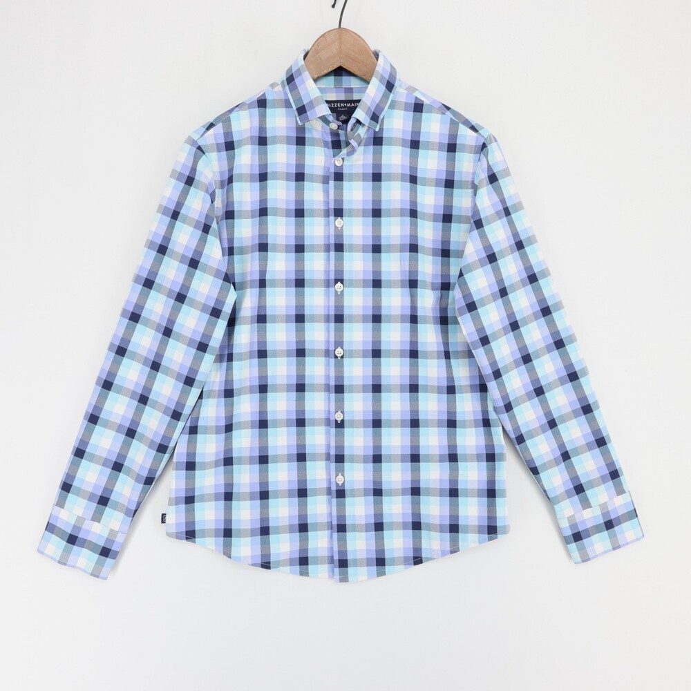 Mizzen Main Leeward Shirt Mens S Blue Plaid Stretch Trim No Tuck Long Sleeve